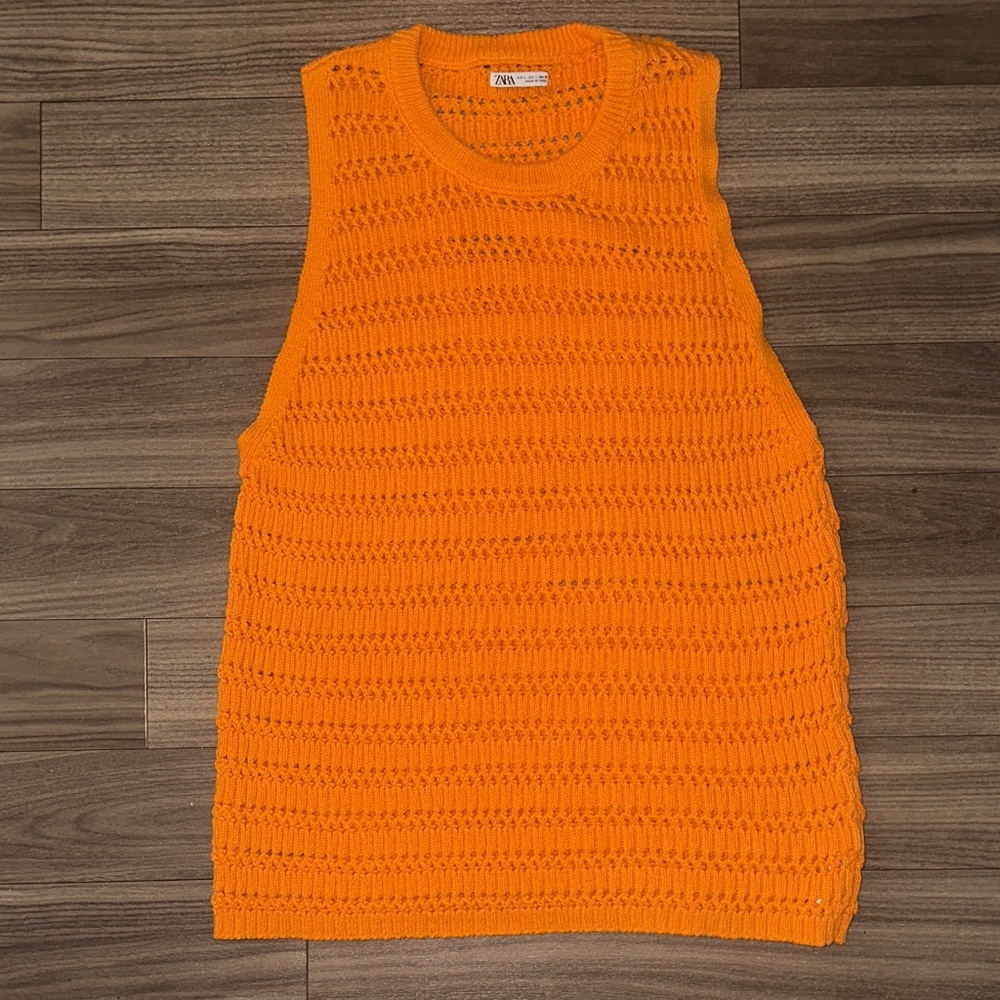 Zara Orange Crochet Sleeveless Knit Top